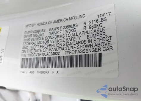 2018 Honda Accord Lx z USA, uszkodzony, nr VIN 1HGCV1F10JA024932